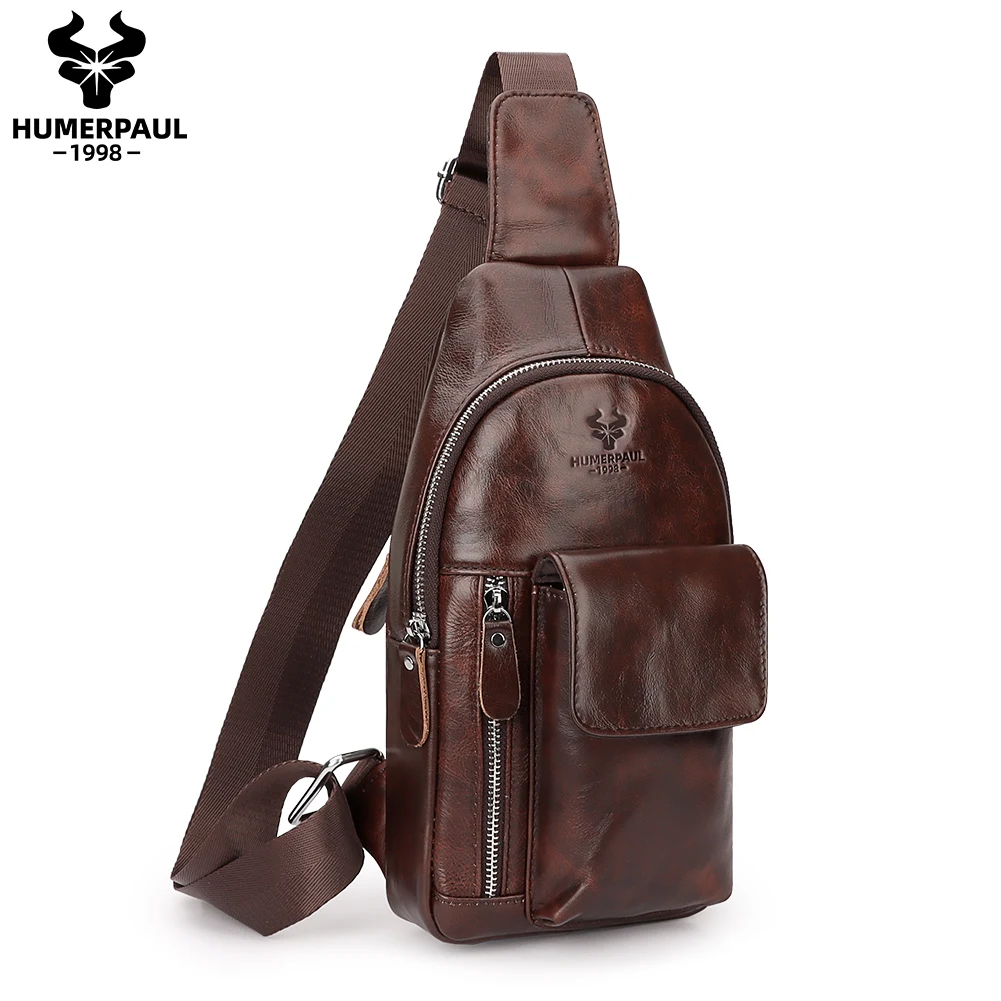 HUMERPAUL Genuine Leather Chest Bag for Men Anti-thef Travel Shoulder Bag Luxury Designer Male Satchel Sling Bag High Quality