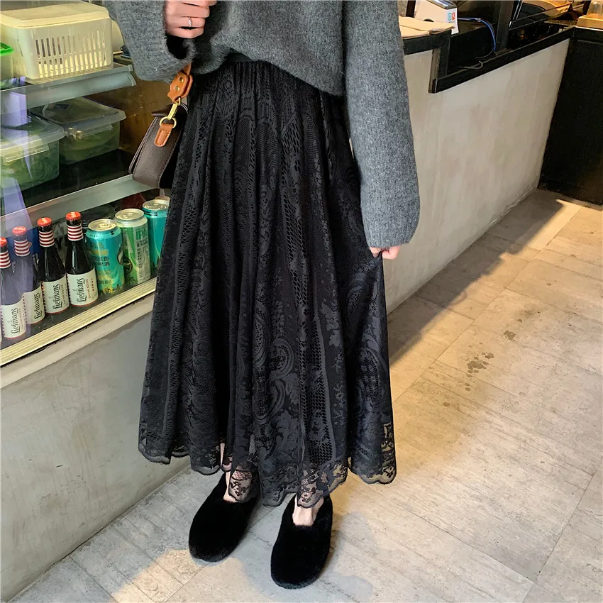 

2022 New Korean Elegant Casual A-line Black Long Skirt Female Alien Kitty Elastic High Waist Lace Skirts Womens Spring Autumn