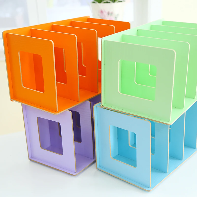 Creative colorful wooden DIY desktop Stationery storage box Magazine organize Bookshelf shelves Student school office supplies