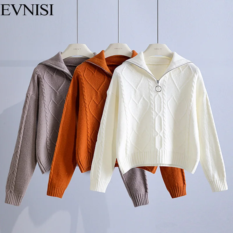 

EVNISI Twist Sweater For Women Zipper Winter 100% Cashmere Long Sleeve Pullovers Sweater Thicken Turn-Down Collar Coat Tops