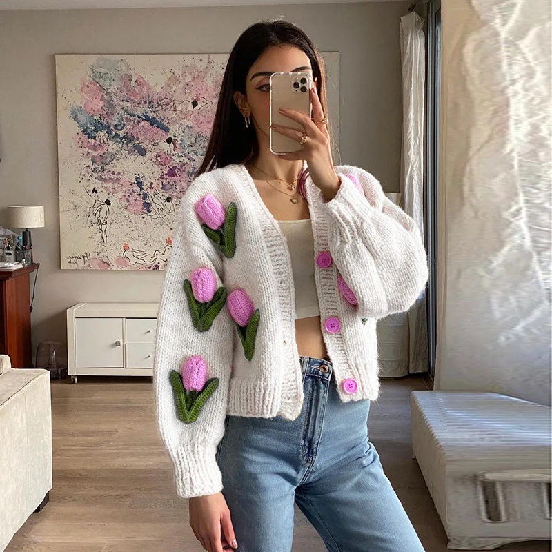 

Ardm Elegant Cardigan Women Three-Dimensional Flower Knitted Cardigans Sweater Sweet Long Sleeve Top Button-Up Female Outerwear