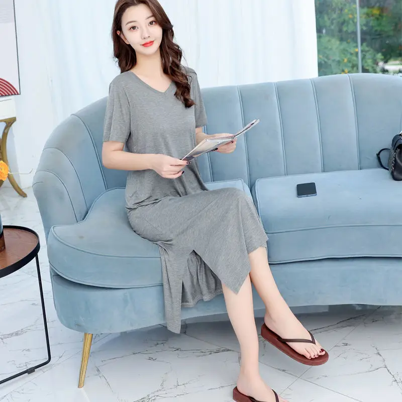 Ночная рубашка женская из модала с коротким рукавом длинное тонкое Летнее