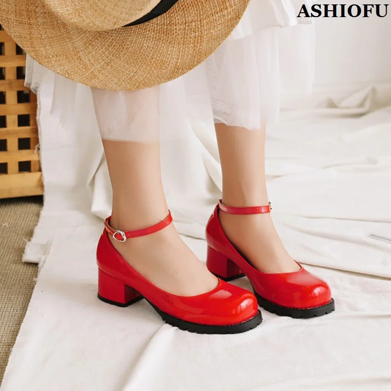 

ASHIOFU Handmade New Classic Style Ladies Chunky Heels Pumps Ankle Strap Patent Leather Summer Dress Shoes Fashion Evening Shoes