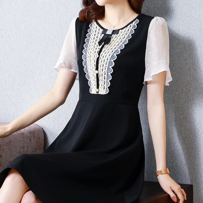 

Women Dresses New Fashion Loose Splicing O-Neck Summer A-LINE Embroidery