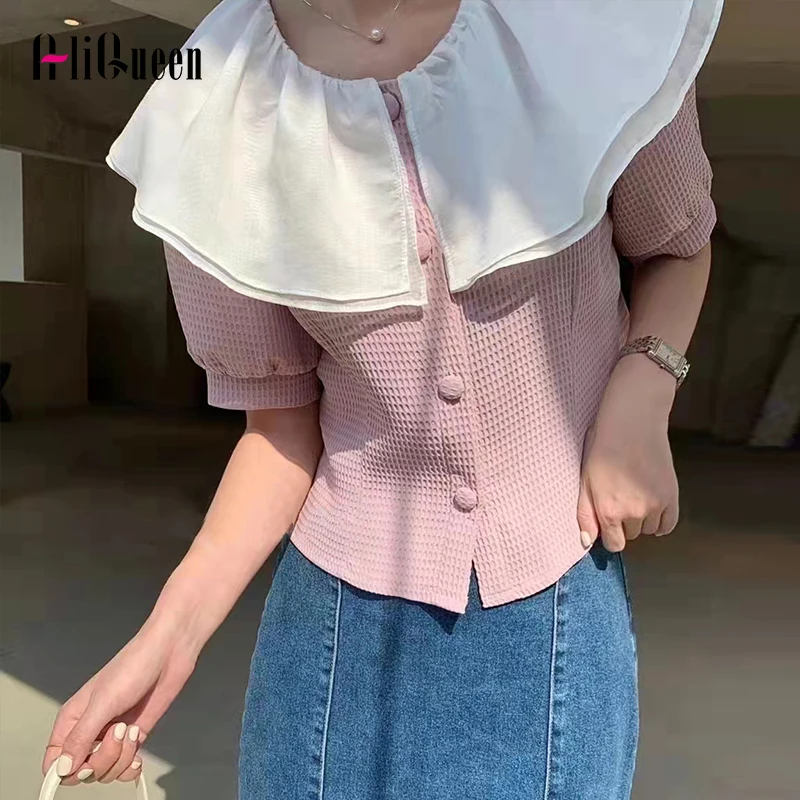 

Purple Blusas Mujer Korean Fashion Button Up Peter Pan Collar Short Shirts Tops Summer Short Lantern Sleeve Blouses Women Shirts