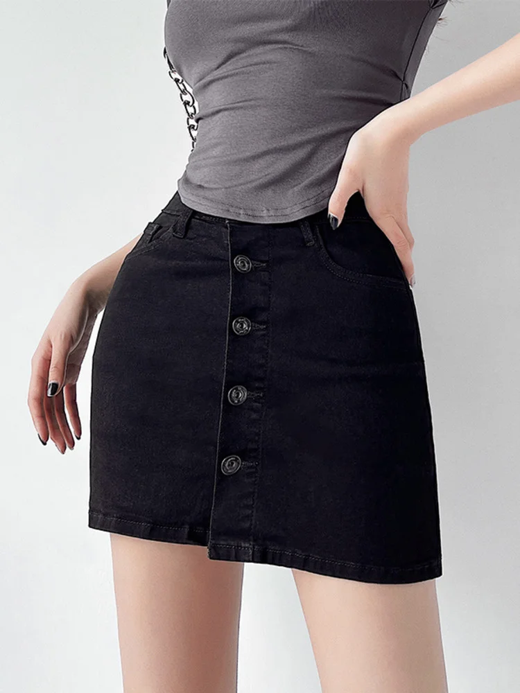 

Женская джинсовая юбка-трапеция, однотонная облегающая однобортная мини-юбка с высокой талией, модель KBB6 в Корейском стиле