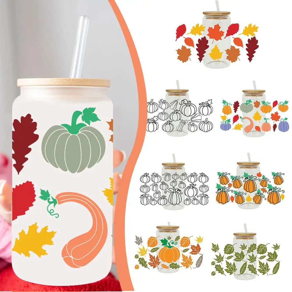 

16OZ UV DTF Cup Wrap Transfers Stickers Autumn Season Pumpkin Designs For DIY Libby Glass Waterproof Custom Decals U3E8