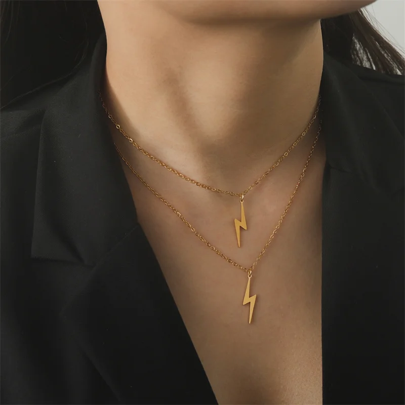 

Fashion Lightning Pendant Necklace Multilayer Geometric Chain Choker Women Stainless Steel Gold Color Charm Jewelry Party Gifts