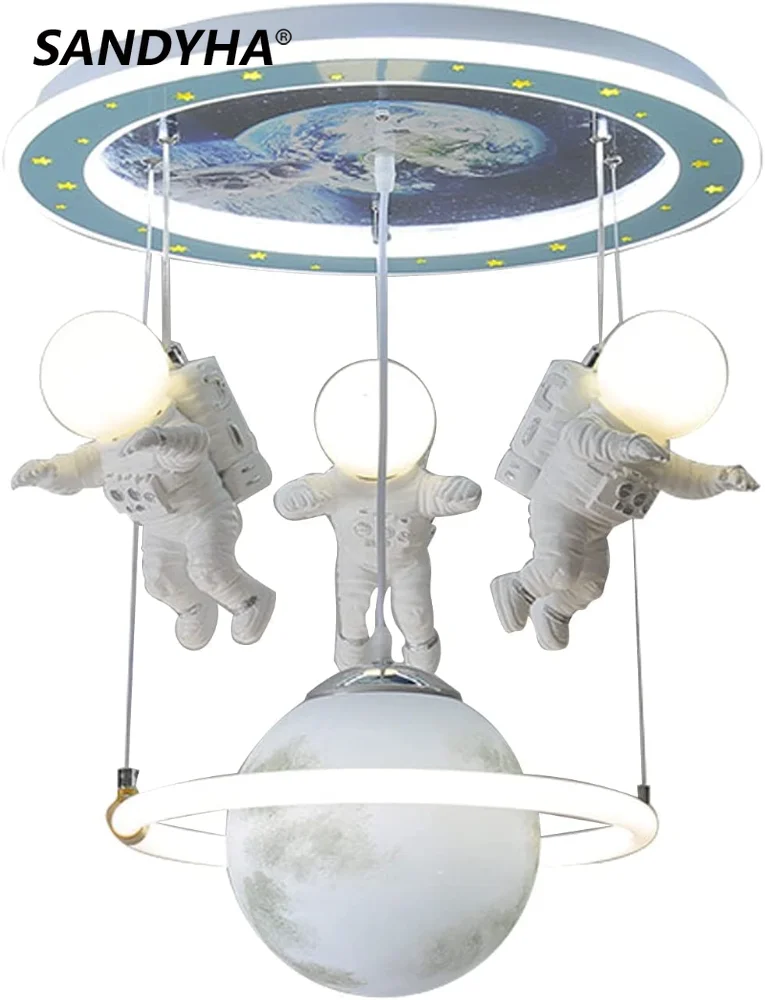 Купи Spaceship Astronaut Ceiling Light Modern Cartoon Blue Planet Astronaut Moon Landing Head Glowing Spaceman Planet Decoration за 19,228 рублей в магазине AliExpress