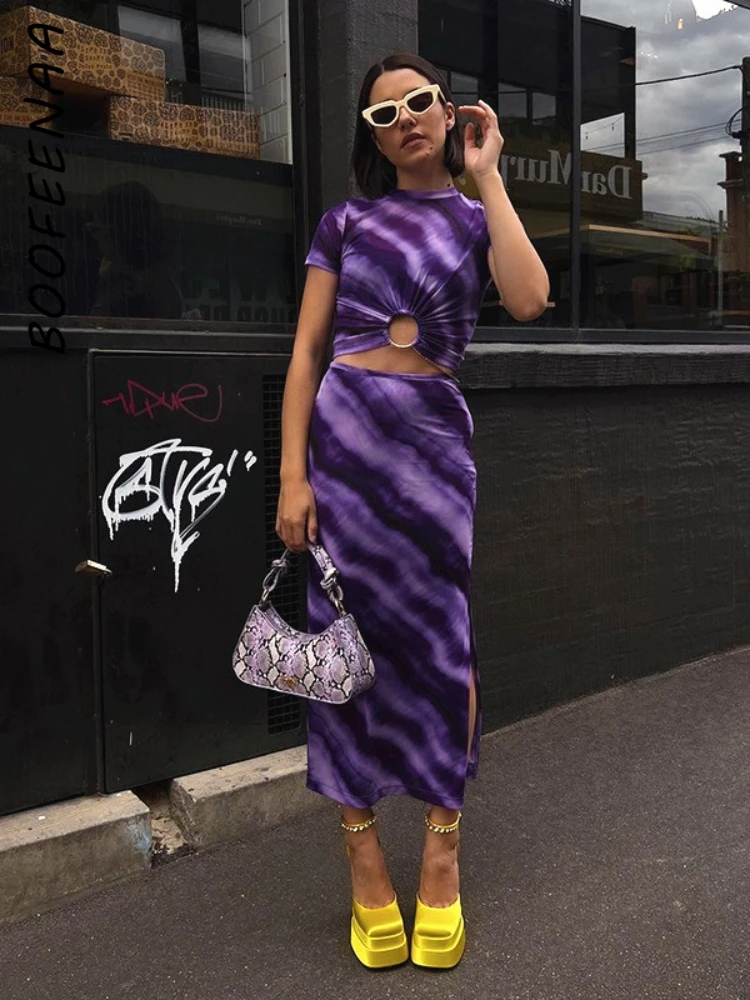 

BOOFEENAA Women 2 Piece Skirt Set 2022 Summer Fashion Outfits Purple Tie Dye Split Long Dress Y2k Matching Sets C85-CC24