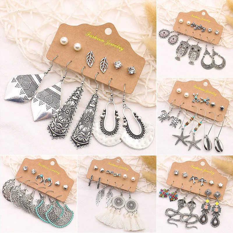 Набор серебряных серег-гвоздиков в стиле ретро 6 пар |