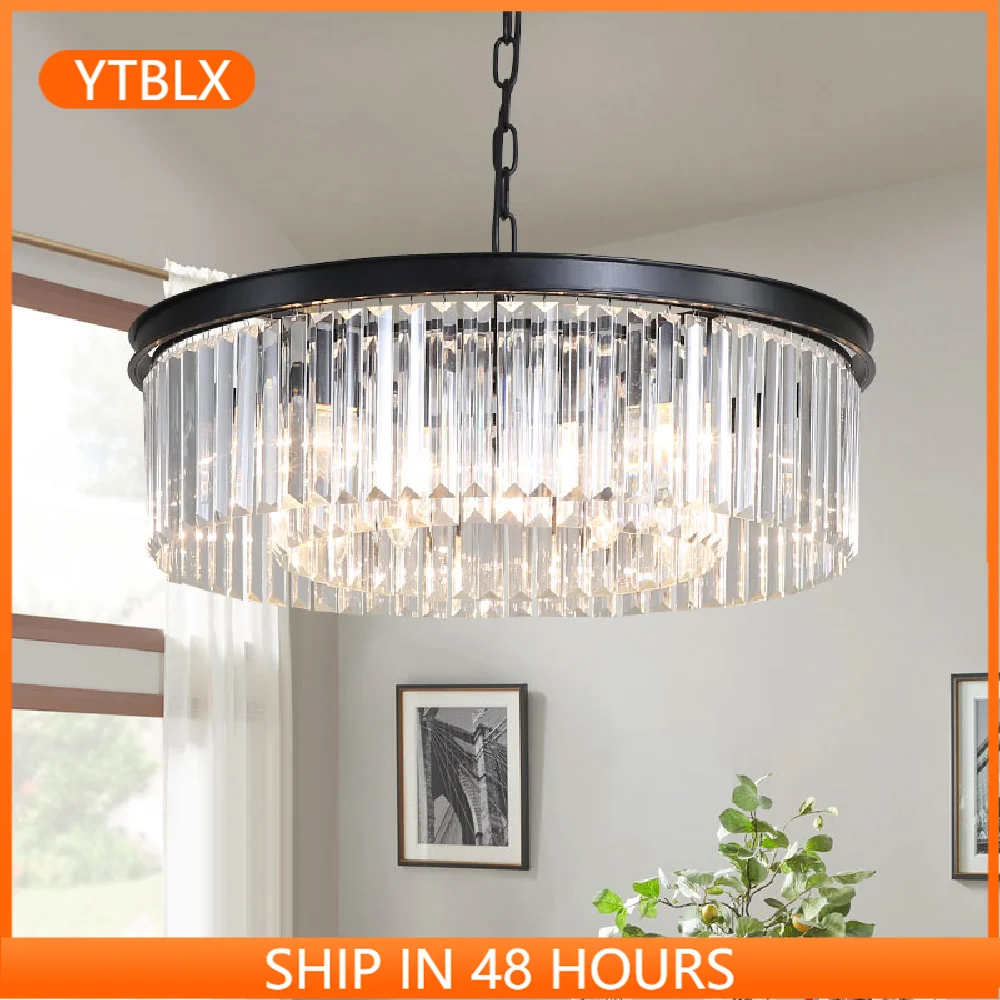 

American Retro Gold Black Metal E14 Led Pendant Lights Chain Hanging Lustre K9 Crystal Suspension Lamp Loft Led Lamp Fixtures