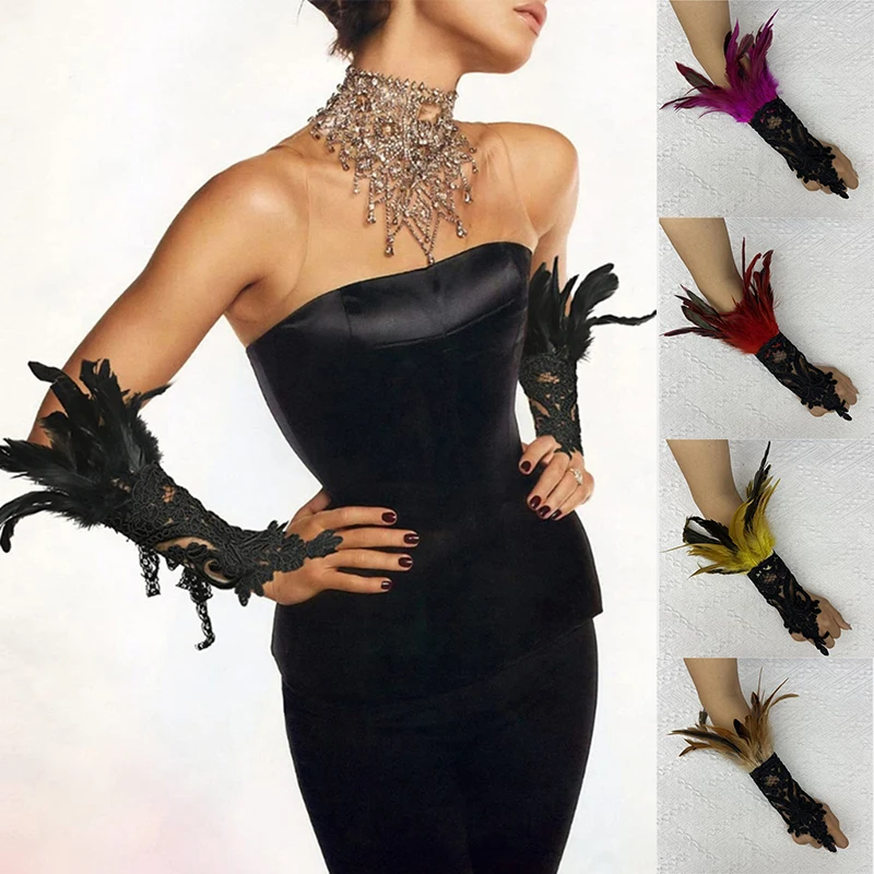 

Перчатка с кружевом и перьями для Хэллоуина перчатки в готическом Стиле Лолита перчатки для косплея перо на запястье безпальцевые Варежки женские аксессуары для выпускного вечера