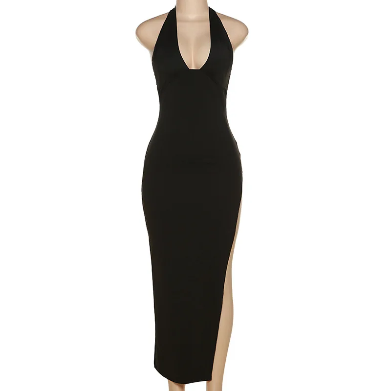

BoozRey Open Back Elegant Women Evening Deep V Sleeveless Solid Halter Maxi Dress Club Party Split Long Dresses Low Cut Outfits