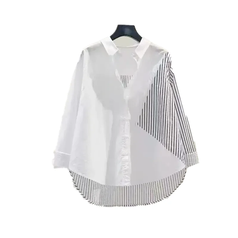Новые летние хлопковые рубашки женские белые полосатые блузки лоскутные топы