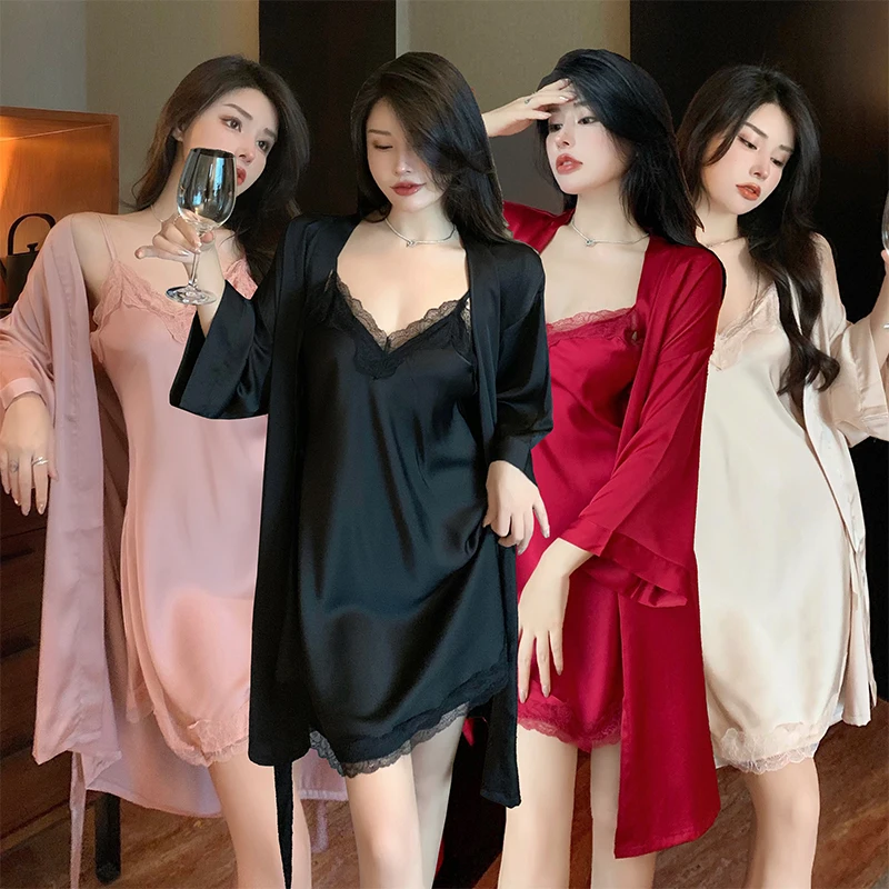 

2PCS Sexy Lace Lingerie Mini Dress Silk Satin Nightgowns Robes Sets Women 2022 Summer Bathrobes Sleepwear Nightdress Night Dress