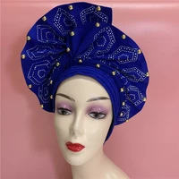 high quality african sego gele headtie nigerian headwear with stone beads finished auto turban wide brim headwear for women 2368