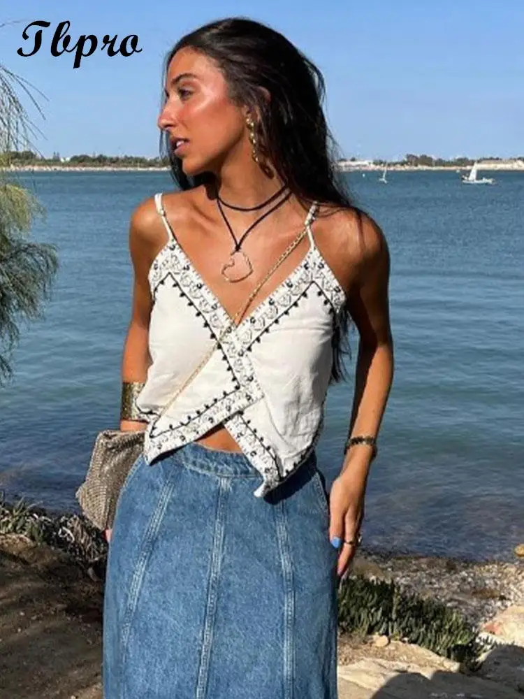 

Sexy Embroidery Sling Tops Women Fashion Patchwork Short Crop Top 2023 New Summer Chic Female Beach Party Streetwear White
