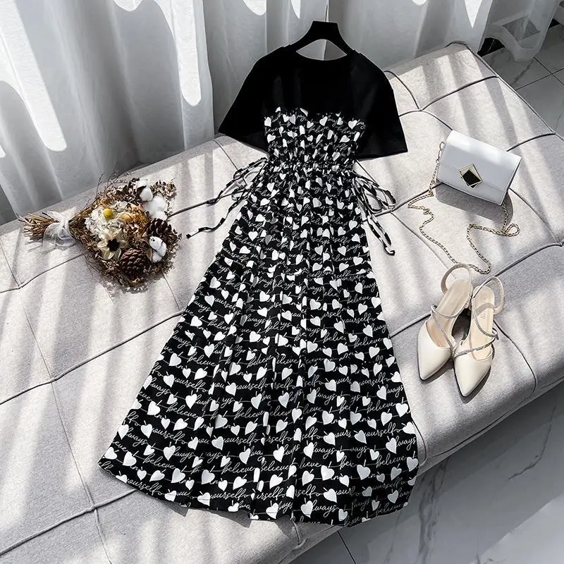 

2022 Women Summer New Loose A-line Dresses Female O-neck Printed Dress Ladies Short Sleeve Patchwork Vestidos D45