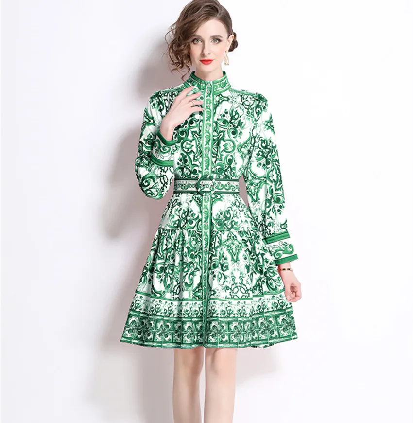 Женское однобортное платье в стиле бохо модное винтажное зеленого и белого цвета