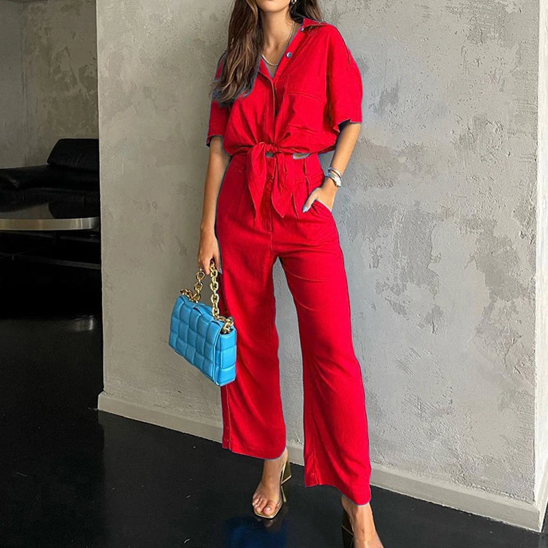 

Office Lapel Loose Shirt Outfit Fashion Half Sleeve Buttoned Tops +Pockets Straight Long Pants Suit Elegant Casual Solid 2pc Set