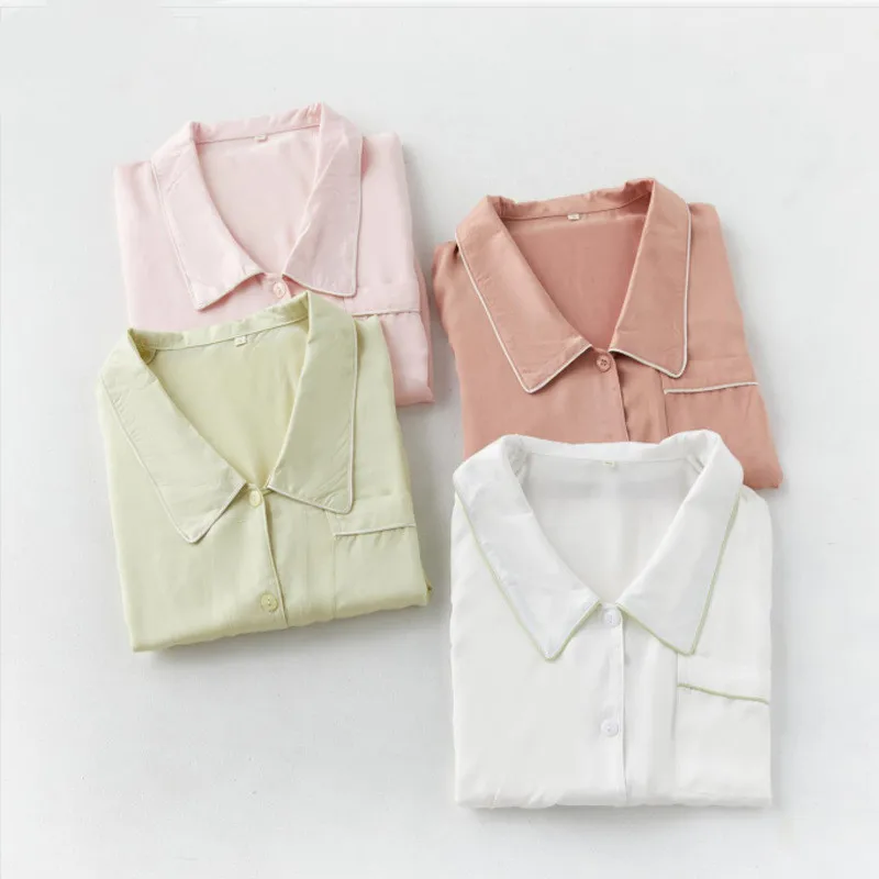 Simple Spring Summer Pajamas Tribute Satin Light Shirt Loungewear Pointed Collar Solid Color Medium-length Women Nightgown