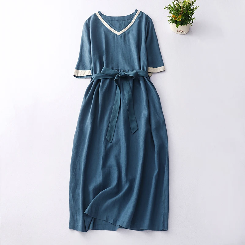 

NYFS 2023 Summer New Vintage Woman Dress Vestidos Robe Ete Femme Elbise Solid color Loose linen v-neck Long Dresses