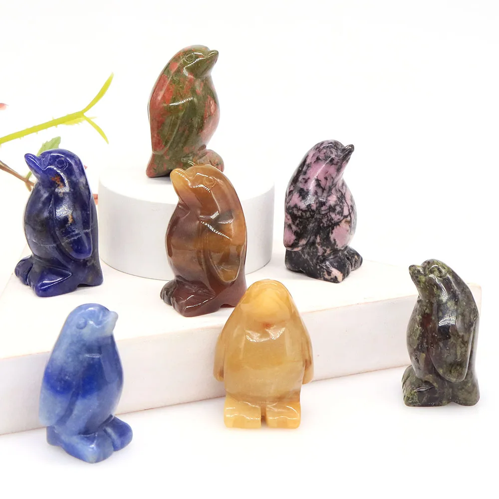 

1.5" Penguin Statue Natural Sodalite Unakite Crystals Healing Stone Carving Reiki Quartz Animal Figurines Crafts Home Decoration