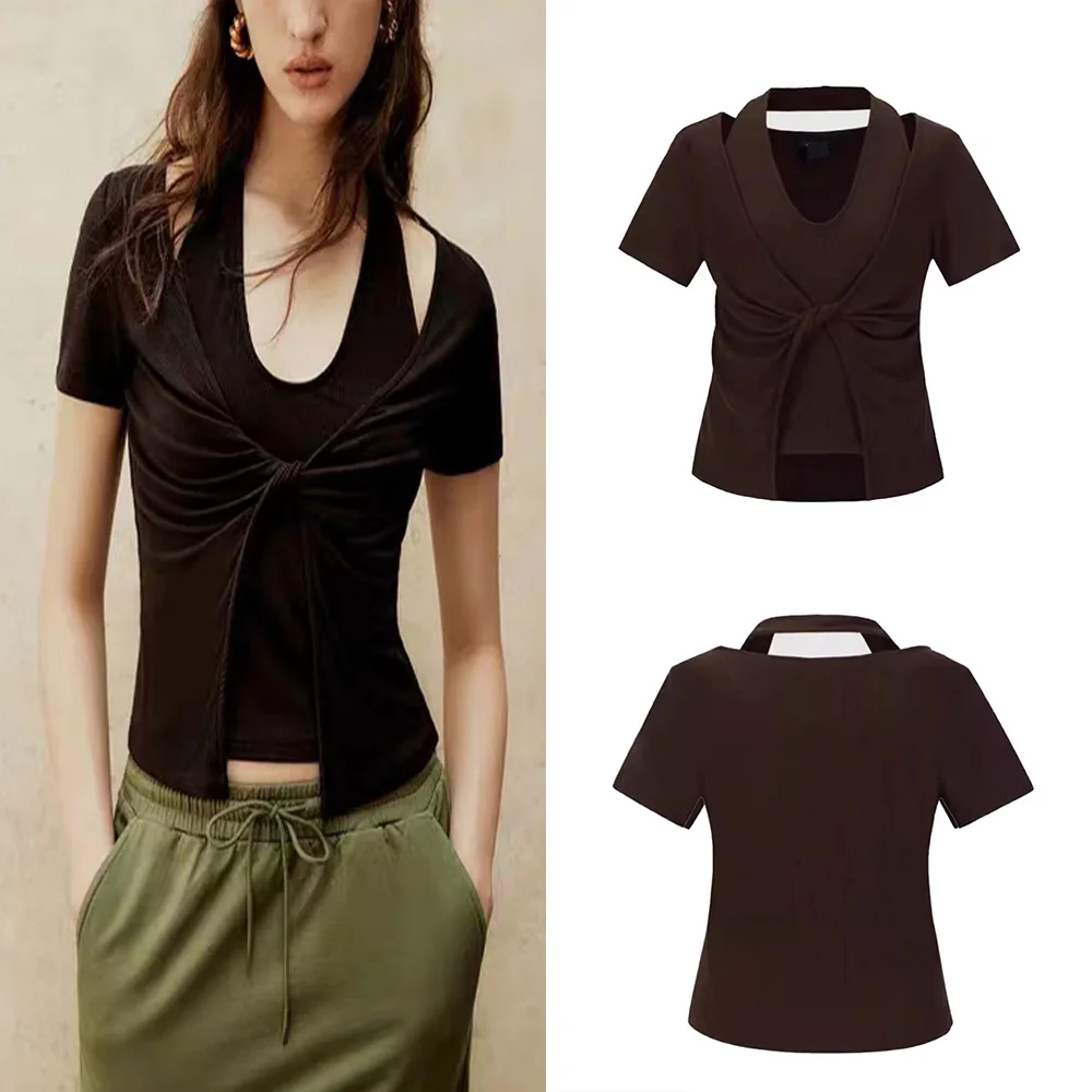 

Летняя новая женская модная футболка PB & ZA с имитацией двух частей, сексуальная облегающая футболка с подвесным воротником UWH432073