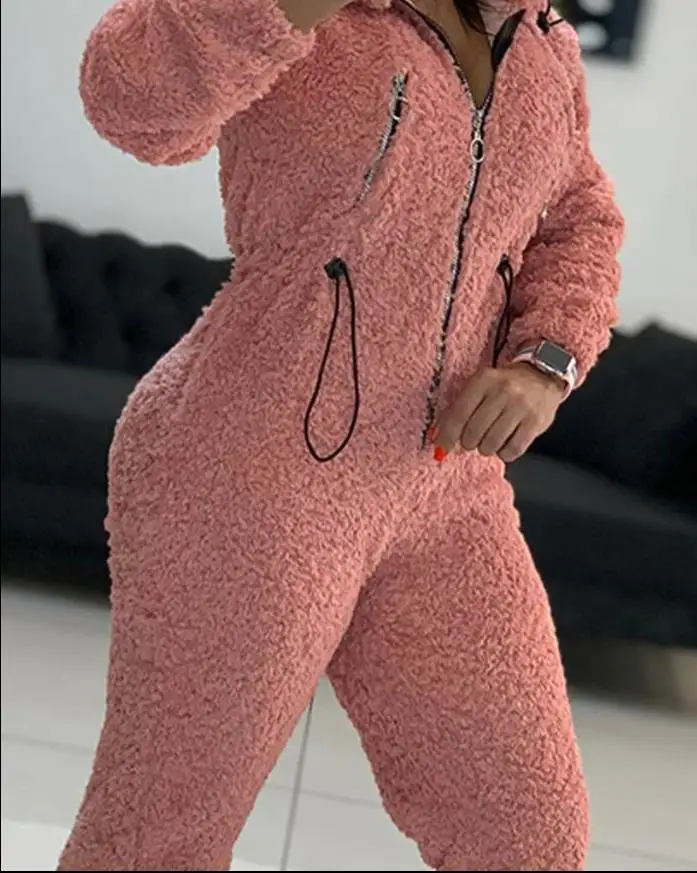 Fluffy Zipper Design Hooded Jumpsuit for Women Long Sleeves Pencil Pants Casual Rompers Lady Clothing Fashion New