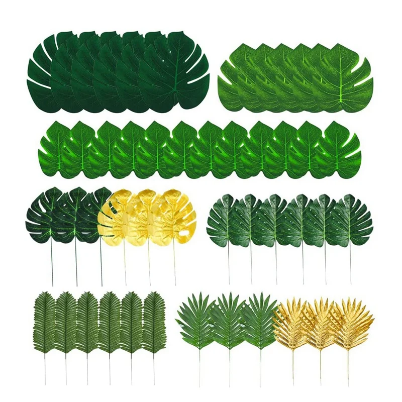 

72 Pcs 9 Kinds Tropical Leaves Safari Leaves Decoration Jungle Theme Party Supplies - Fake Leaves Hawaiian Leaf Decor