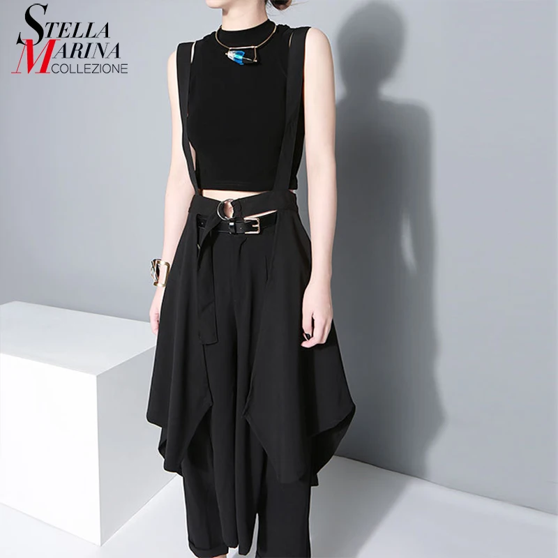 

Japanese Style Women Solid Black Summer Asymmetrical Chiffon Strap Skirt & Sashes Female Unique Midi Casual Harajuku Skirt 1431