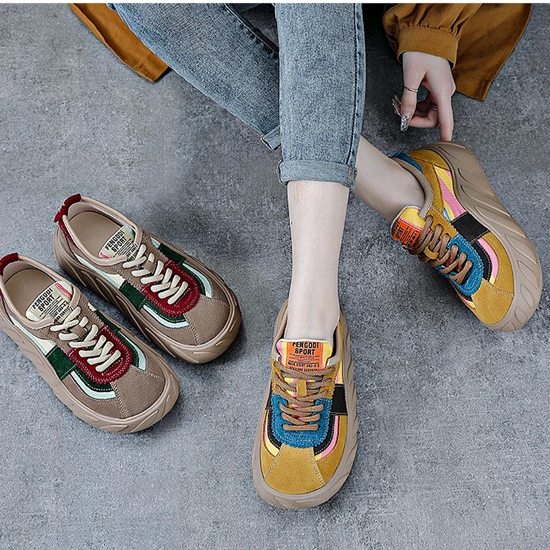 Autuspin Nubuck Leather Vulcanized Shoes Ladies Spring Autumn Retro Women Casual Chunky Sneakers Outdoor Cross Tied Sneaker 4cm