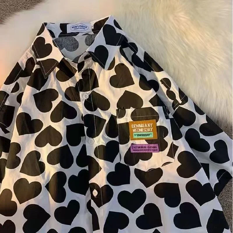 

Green Love Full Printed Hip Hop Shirt Women Short Sleeve Button Up Shirt Top Korean Fashion Harajuku Shirt for Teens Streetwear