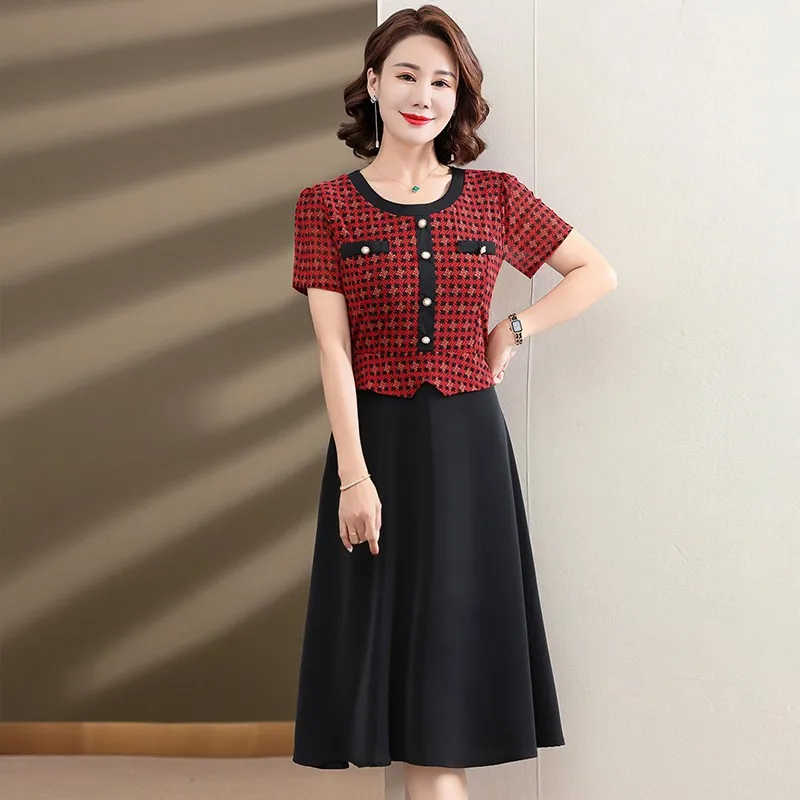 

Women's Dress 2023 Summer Middle-Aged Mother Short Sleeve Check Patchwork Pleated Elegant office Ladies Vestido