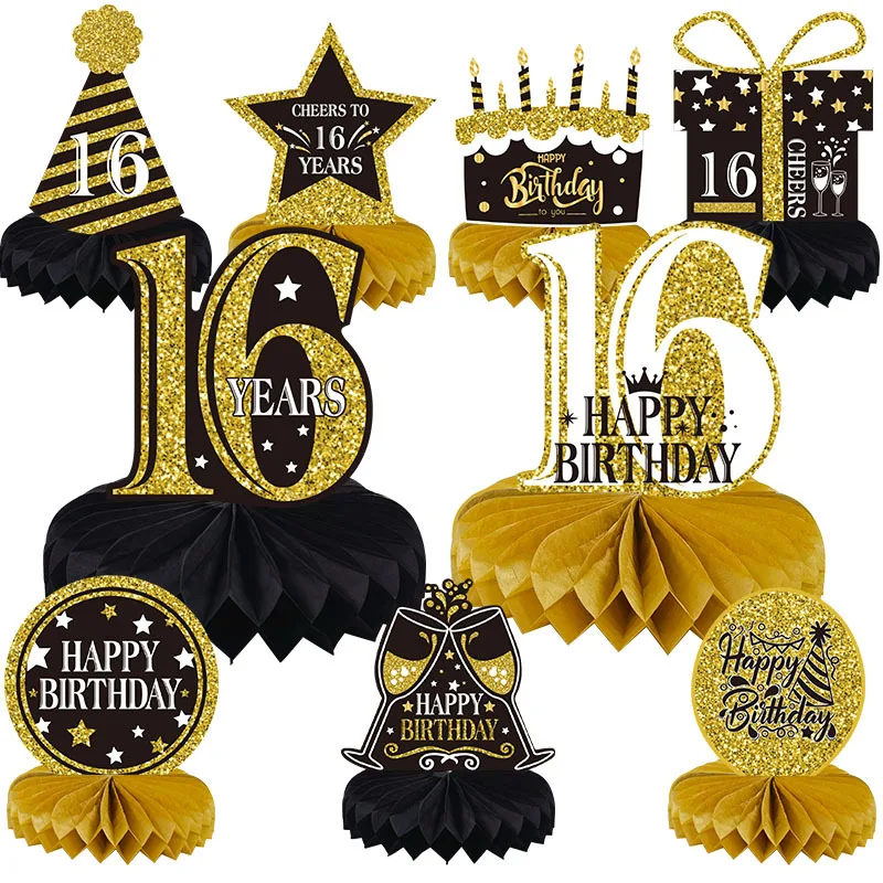 

Black gold 16th/40th/50th/60th/80th/90th birthday theme desktop central decoration birthday party honeycomb table Supplies Event