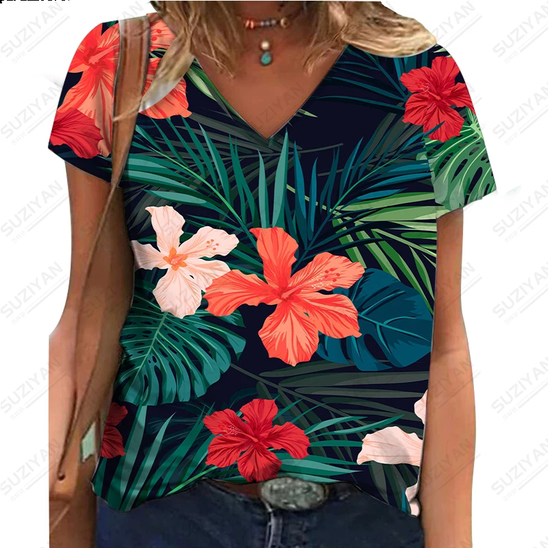 

Summer Short Sleeve Shirt Women's T-shirt Kawaii Girls' Flower Print T-shirt Top Women's Y2k Clothing V-Neck Holiday Pullover