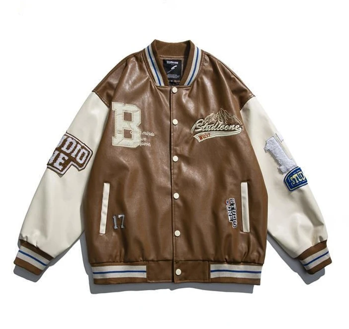 

Embroidered letters y2k top Brown high quality hip hop PU leather jackets for women vintage streetwear baseball jacket for women