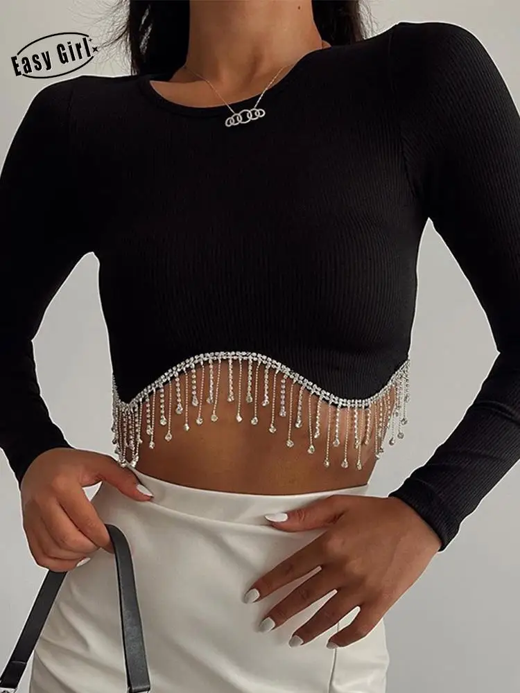 

Sexy Rhinestone Fringed Hem Women Crop Top T-shirt Slim Long Sleeve Short Tops Streetwear 2022 Autumn Ribber Knit T-Shirts