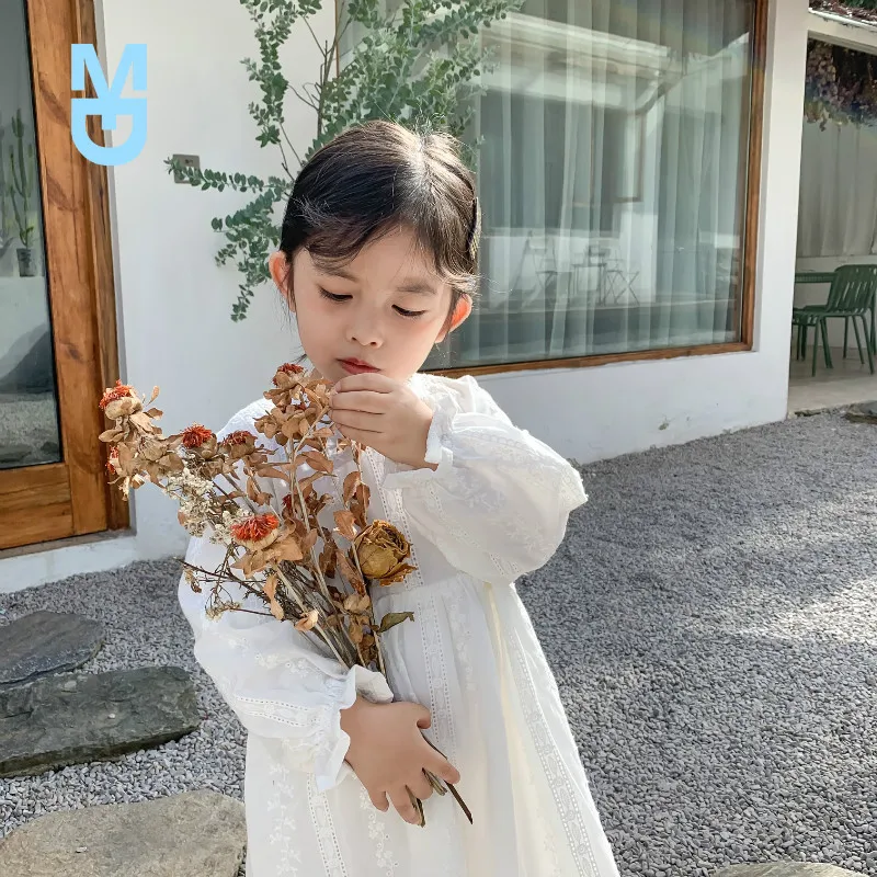 

New 2022Spring Lace Hollow Baby Girls Princess Dresses Korean Style Toddlers Kids Cotumes 100% Cotton White Children Dress