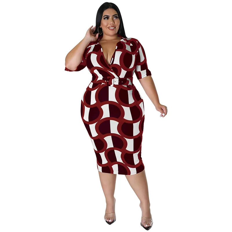 Plus Size Women's Chubby Dress Elegant Party Dress for Women Office Lady V-Neck Knee-length Slim Fit Blet Party Dresses Printing