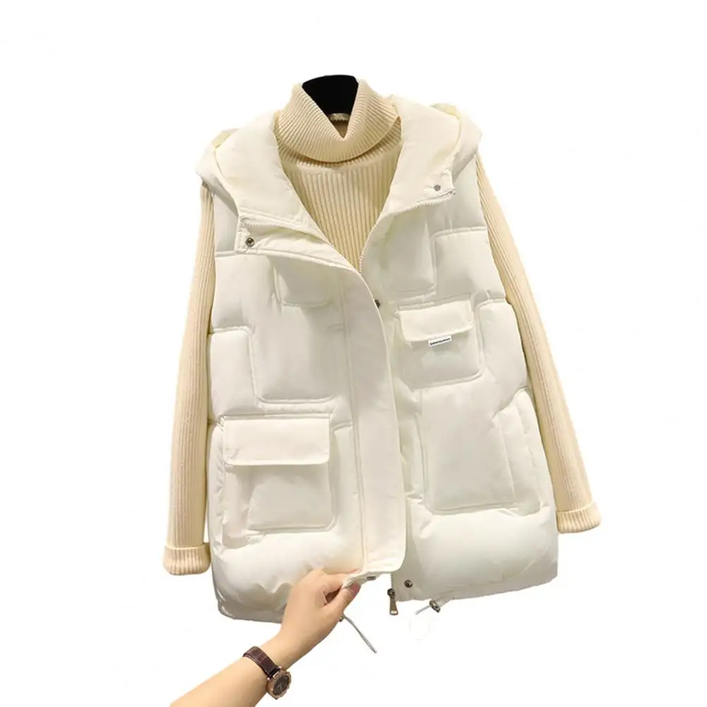 

Autumn Women Quilted Vest Solid Color Hooded Down Cotton Vest Pockets Zipper Waistcoat Sleeveless Jacket Female Coat 한국 가을옷