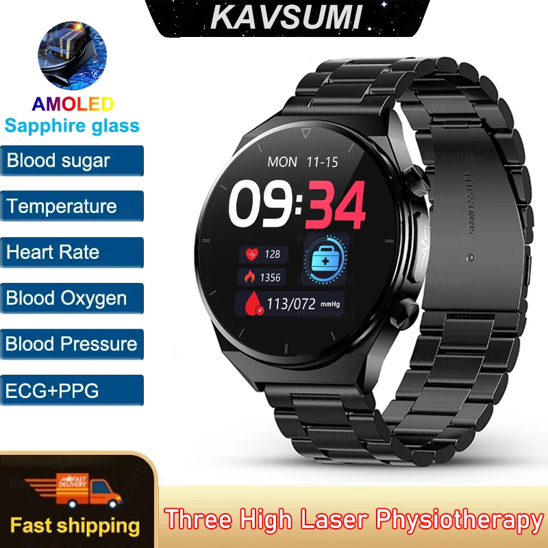 

New AMOLED HD screen Sapphire Glass Blood Sugar Smart Watch Mens Laser Treatment ECG+PPG Health Blood Pressure Sport Smartwatch