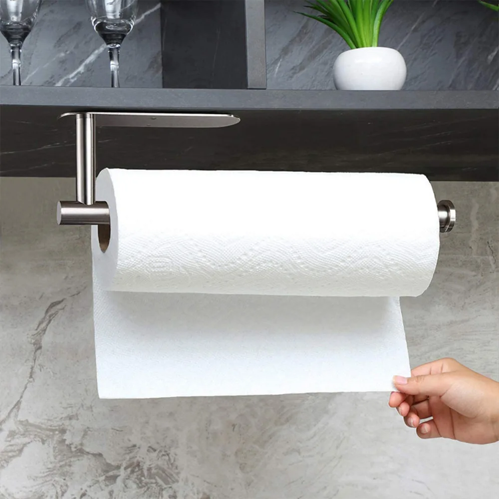 

Steel No Punching Towel Holder Wall Mount Stainless Roll Dispenser Organizers Bathroom Kitchen Self-Adhesive Toilet Paper Roll