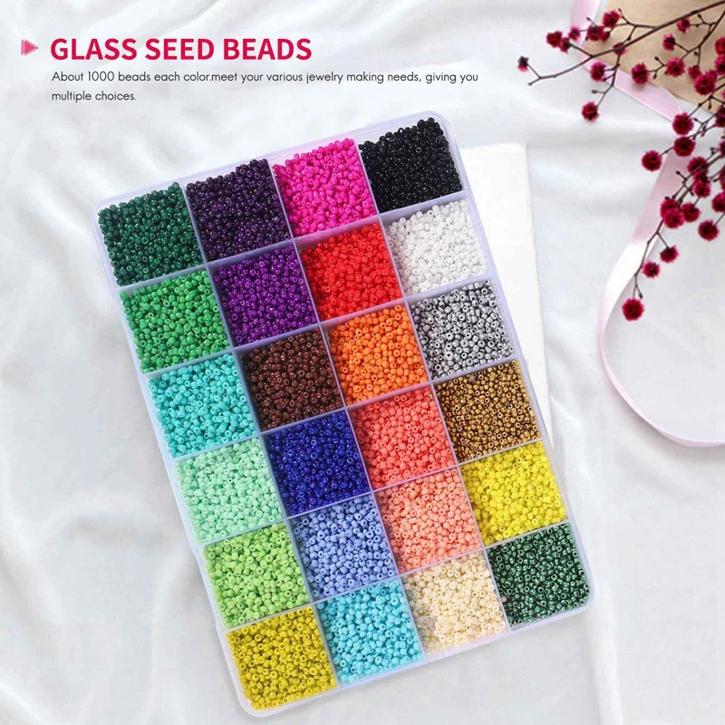 24000 Pcs Multicolor 2Mm Pony Glass Seed Beads With Lobster Clasps, Open Jump Rings And Elastic Crystal String