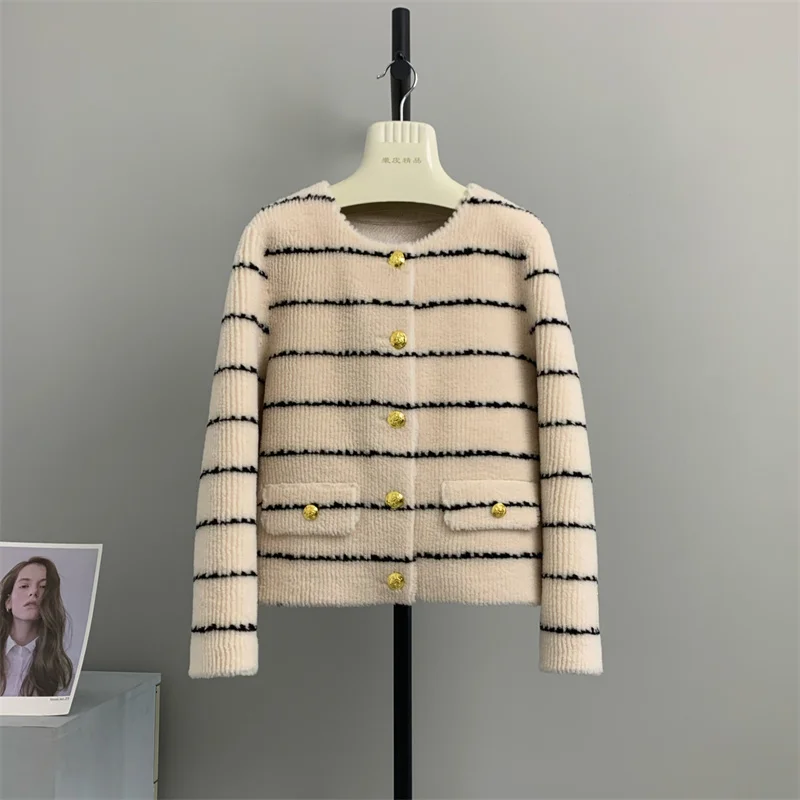 

wool 100% genuine Piano pattern small fragrant sheep shearing cashmere lamb fur grass one piece coat women's young round neck 20