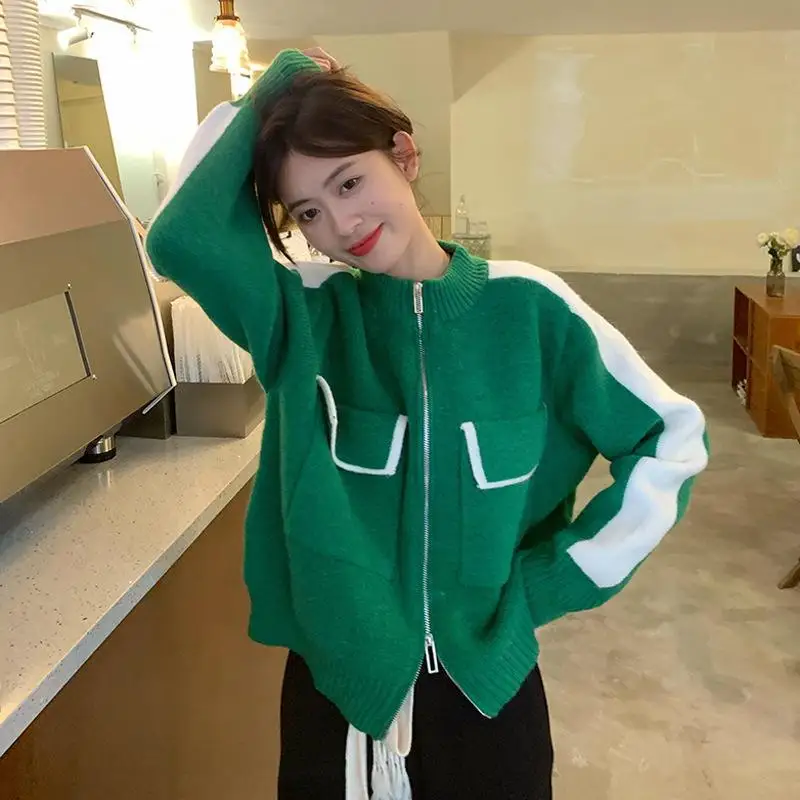 

Женский вязаный кардиган с круглым вырезом, длинным рукавом и молнией