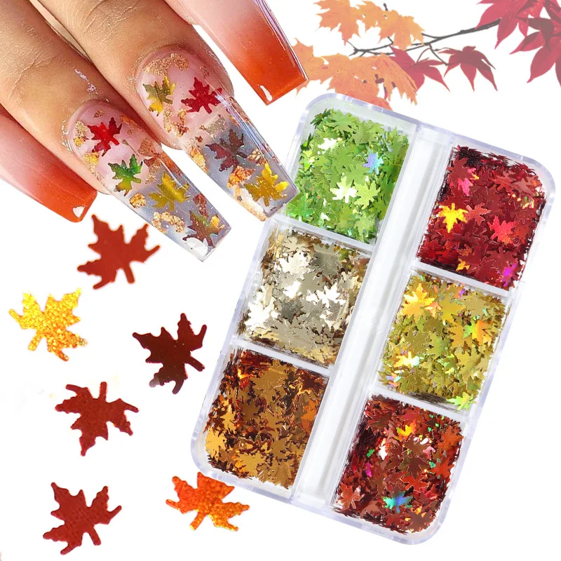 

6 Grids Metal Color Maple Leaves Nail Glitter Sequins Mixed Shiny Fallen Leaf Flakes DIY Autumn Nail Art Decoration Accessories