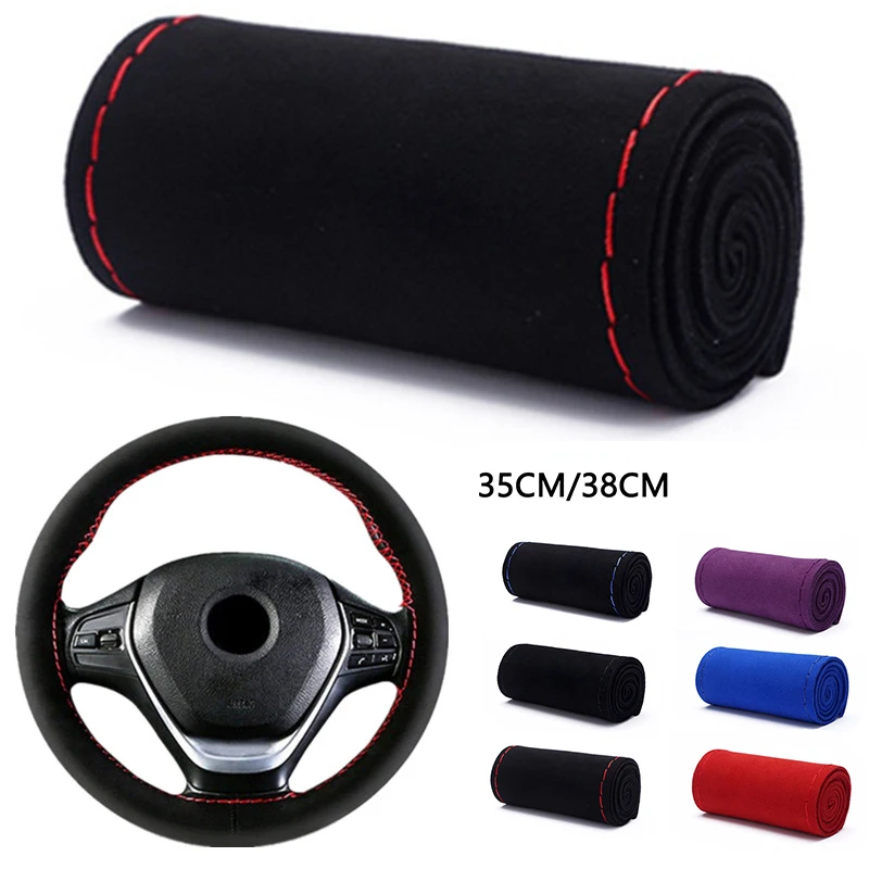 35cm/38CM Premium Fur Steering Wheel Cover Braiding Car Steering Wheel Case Non-slip Suede Matte Leather Braiding