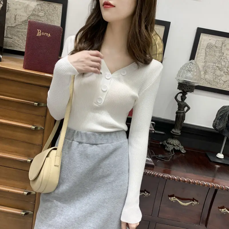 

White Knit Girl Coat Button Pullover Low V Collar Sweater Women's T-shirt Sweaters Women Girl Pull Slim Top Cloth Shirt Clothes